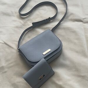 Elegant Kate Spade Grey Blue Crossbody Bag and Wallet Set